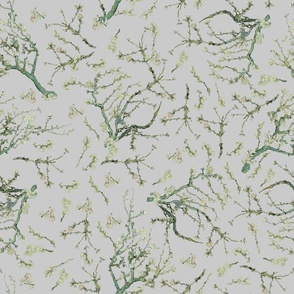 18" Van Gogh Almond  Blossoms-Tree Branches Pattern, Almond Tree Fabric- Vincent Van Gogh Fabric-  Van Gogh Almond Blossoms Fabric- Watercolor Cherry Blossom light gray 