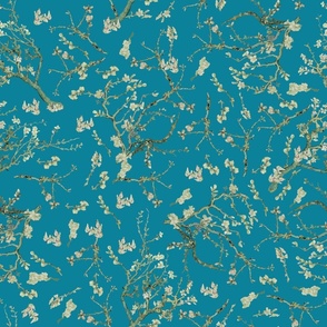 18" Van Gogh Almond  Blossoms-Tree Branches Pattern, Almond Tree Fabric- Vincent Van Gogh Fabric-  Van Gogh Almond Blossoms Fabric- Watercolor Cherry Blossom  saphire teal