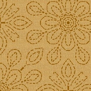 Running Stitch Look Kaleidoscope Brown Posies on Beige Linen Look