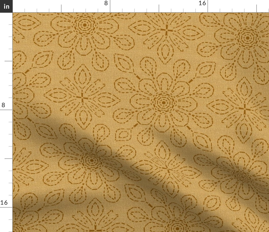 Running Stitch Look Kaleidoscope Brown Posies on Beige Linen Look