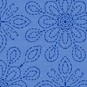 Running Stitch Look Kaleidoscope Blue Posies on Blue Linen Look