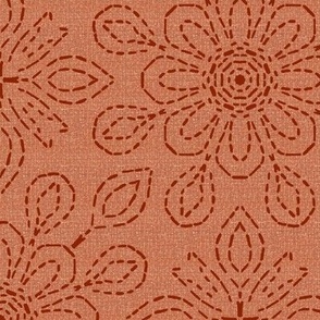 Running Stitch Look Kaleidoscope Red Posies on Coral Pink Linen Look