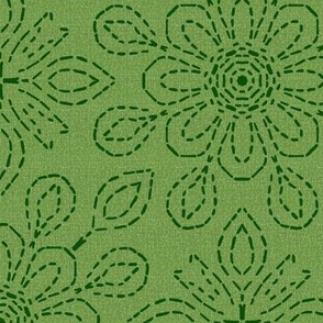 Running Stitch Look Kaleidoscope Dark Green Posies on Sage Green Linen Look