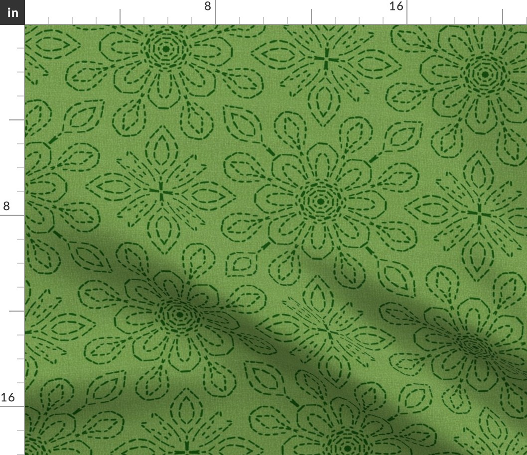 Running Stitch Look Kaleidoscope Dark Green Posies on Sage Green Linen Look
