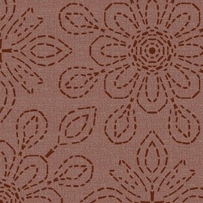 Running Stitch Look Kaleidoscope Brown Posies on Milk Chocolate Brown Linen Look