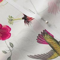 Vintage Mango Hummingbirds And Passionflowers by John James Audubon, Nostalgic Bird Fabric, Antique Hummingbird Wallpaper - off white double layer