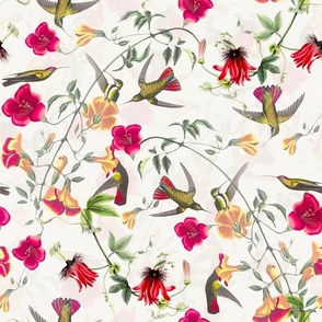 Vintage Mango Hummingbirds And Passionflowers by John James Audubon, Nostalgic Bird Fabric, Antique Hummingbird Wallpaper - off white double layer