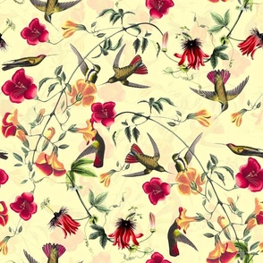 Vintage Mango Hummingbirds And Passionflowers by John James Audubon, Nostalgic Bird Fabric, Antique Hummingbird Wallpaper - sunny yellow double layer