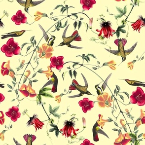 Vintage Mango Hummingbirds And Passionflowers by John James Audubon, Nostalgic Bird Fabric, Antique Hummingbird Wallpaper - sunny yellow