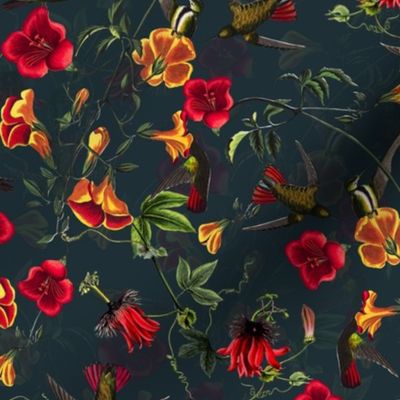 10" Vintage Mango Hummingbirds And Passionflowers by John James Audubon, Nostalgic Bird Fabric, Antique Hummingbird Wallpaper -night teal  double layer