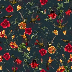 10" Vintage Mango Hummingbirds And Passionflowers by John James Audubon, Nostalgic Bird Fabric, Antique Hummingbird Wallpaper -night teal  double layer