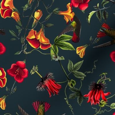 Vintage Mango Hummingbirds And Passionflowers by John James Audubon, Nostalgic Bird Fabric, Antique Hummingbird Wallpaper - night teal