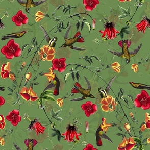 Vintage Mango Hummingbirds And Passionflowers by John James Audubon, Nostalgic Bird Fabric, Antique Hummingbird Wallpaper -green  double layer