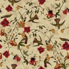 Vintage Mango Hummingbirds And Passionflowers by John James Audubon, Nostalgic Bird Fabric, Antique Hummingbird Wallpaper - tanned sepia brown double layer