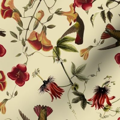 Vintage Mango Hummingbirds And Passionflowers by John James Audubon, Nostalgic Bird Fabric, Antique Hummingbird Wallpaper - tanned sepia 