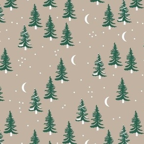 Christmas forest pine trees and snowflakes winter night new magic moon boho tan beige pine green