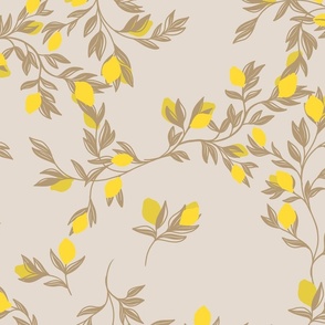 A fruity Lemon Southern European print inspired by southern Italy and the perfect cosy citrus print in crisp white, beige and bright yellow citrus lemons. 