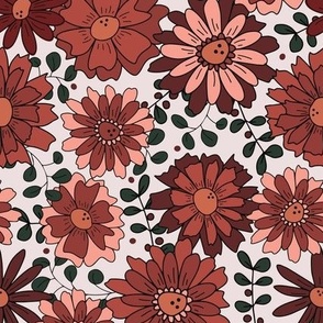 Christmas 70s retro daisy floral and berries in dark red and pink on white.