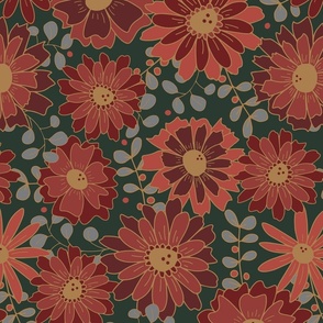 Boho retro 70s Christmas daisy floral - Gold, red and pine green