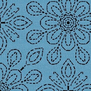 Running Stitch Look Kaleidoscope Black Posies on Sky Blue Linen Look