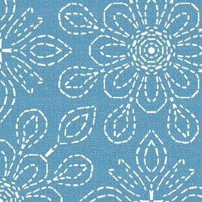 Running Stitch Look Kaleidoscope White Posies on Sky Blue Linen Look