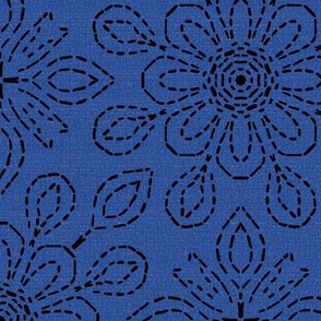 Running Stitch Look Kaleidoscope Black Posies on Dark Blue Linen Look