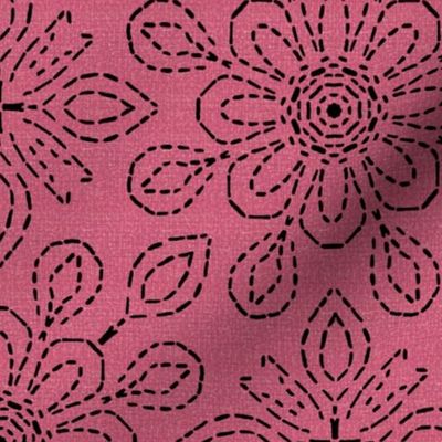 Running Stitch Look Kaleidoscope Black Posies on Pink Linen Look