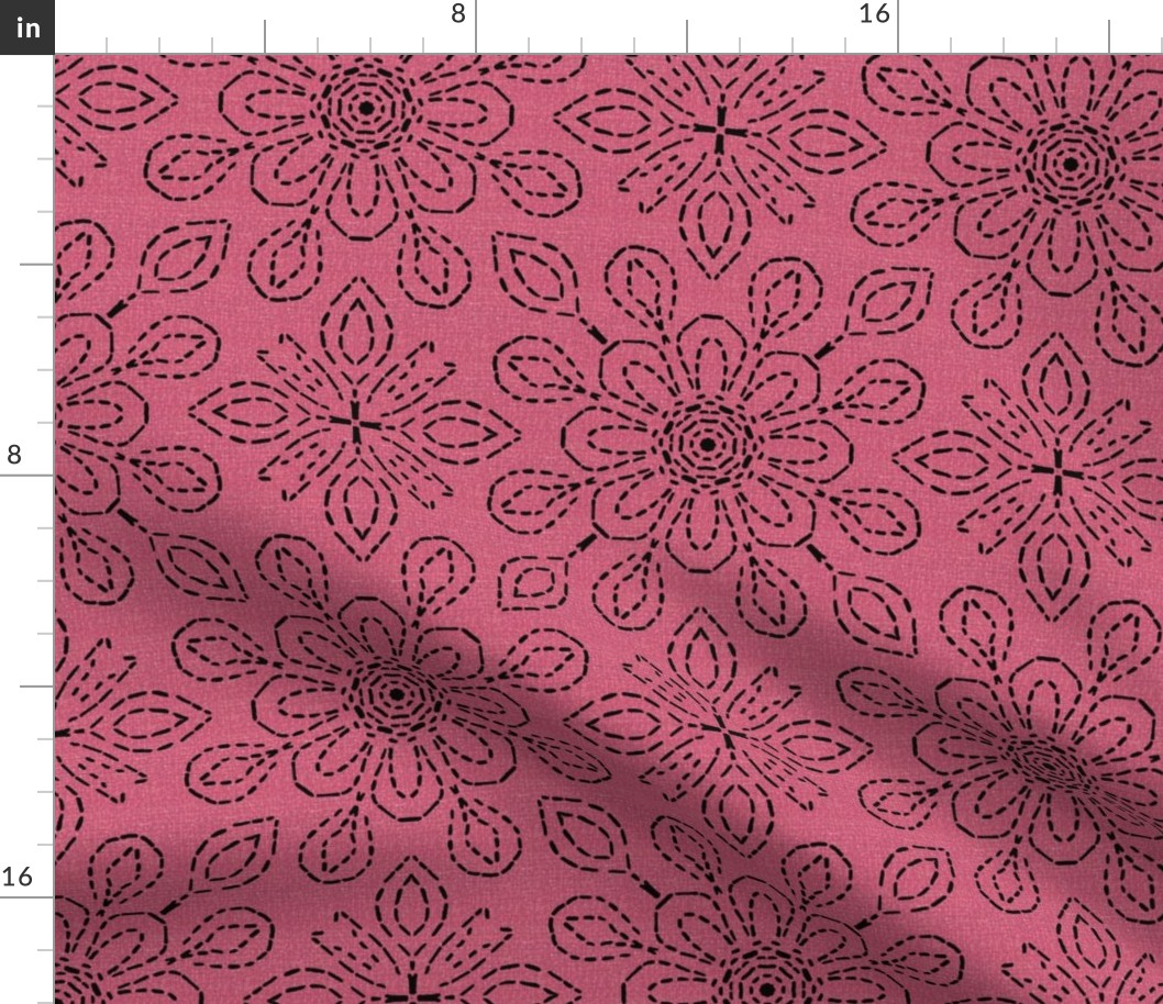 Running Stitch Look Kaleidoscope Black Posies on Pink Linen Look