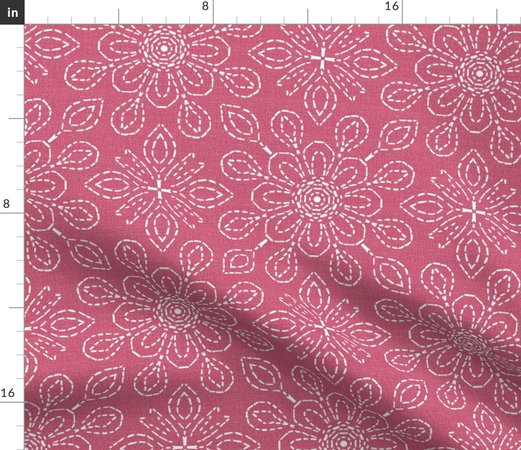 Running Stitch Look Kaleidoscope White Posies on Pink Linen Look
