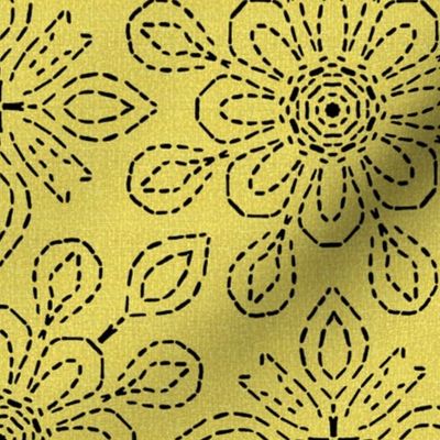 Running Stitch Look Kaleidoscope Black Posies on Yellow Linen Look