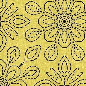 Running Stitch Look Kaleidoscope Black Posies on Yellow Linen Look