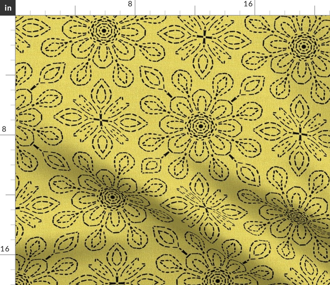 Running Stitch Look Kaleidoscope Black Posies on Yellow Linen Look
