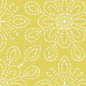 Running Stitch Look Kaleidoscope White Posies on Yellow Linen Look