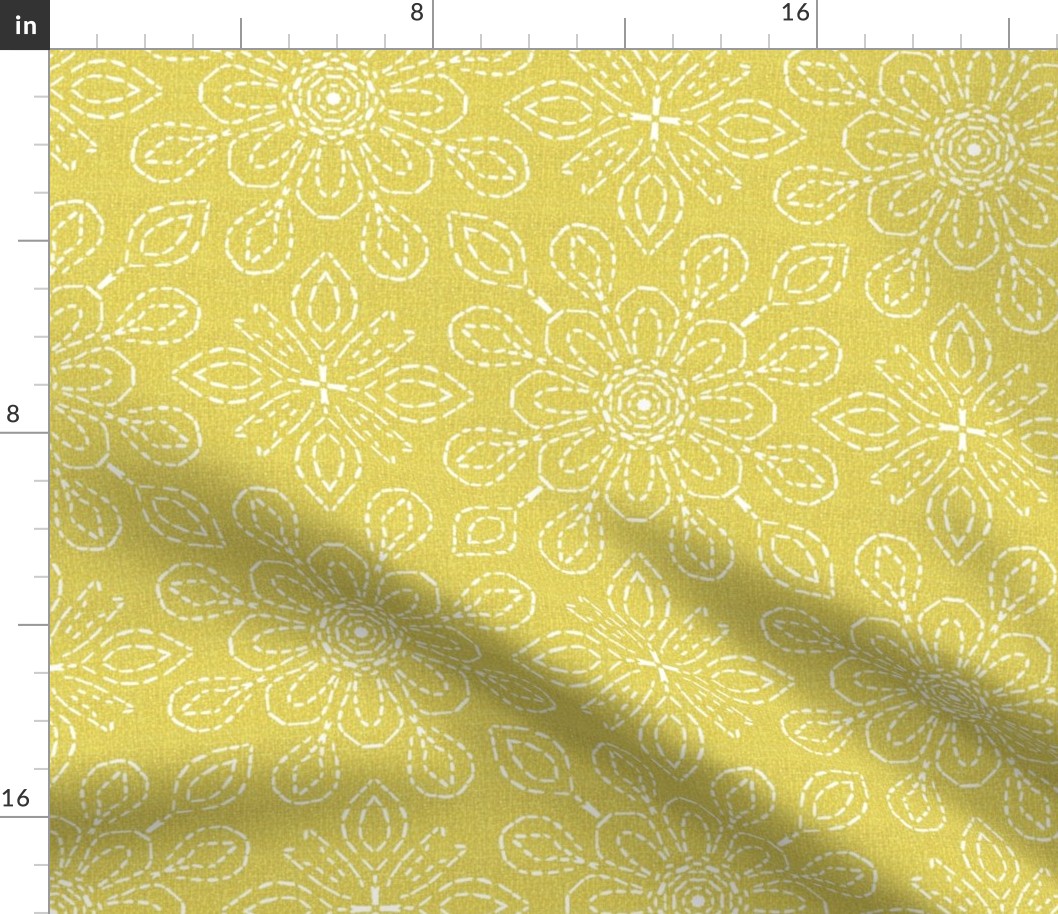 Running Stitch Look Kaleidoscope White Posies on Yellow Linen Look