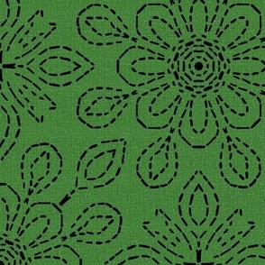 Running Stitch Look Kaleidoscope Black Posies on Green Linen Look