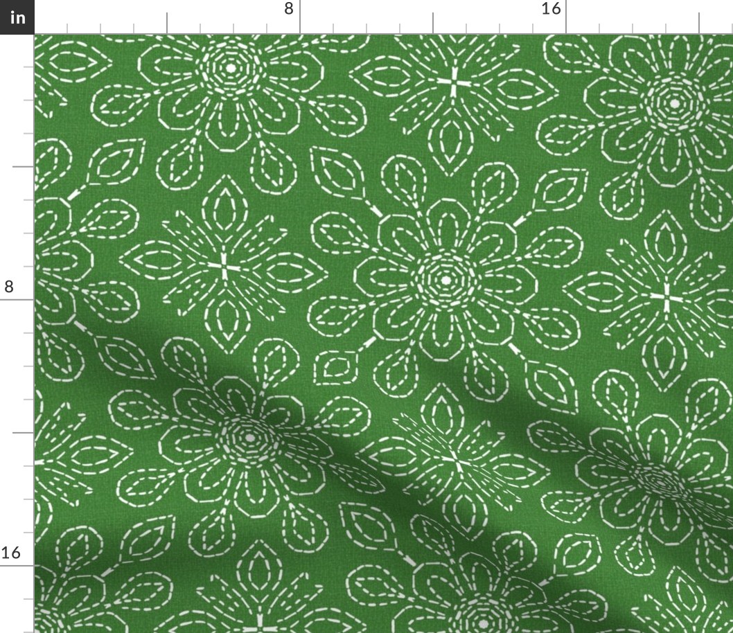 Running Stitch Look Kaleidoscope White Posies on Green Linen Look
