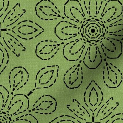 Running Stitch Look Kaleidoscope Black Posies on Sage Green Linen Look