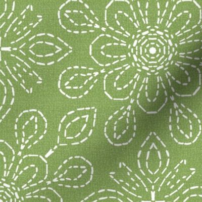 Running Stitch Look Kaleidoscope White Posies on Sage Green Linen Look