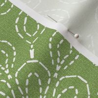 Running Stitch Look Kaleidoscope White Posies on Sage Green Linen Look
