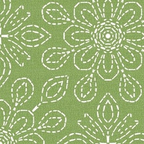 Running Stitch Look Kaleidoscope White Posies on Sage Green Linen Look