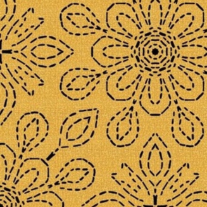 Running Stitch Look Kaleidoscope Black Posies on Golden Orange Linen Look