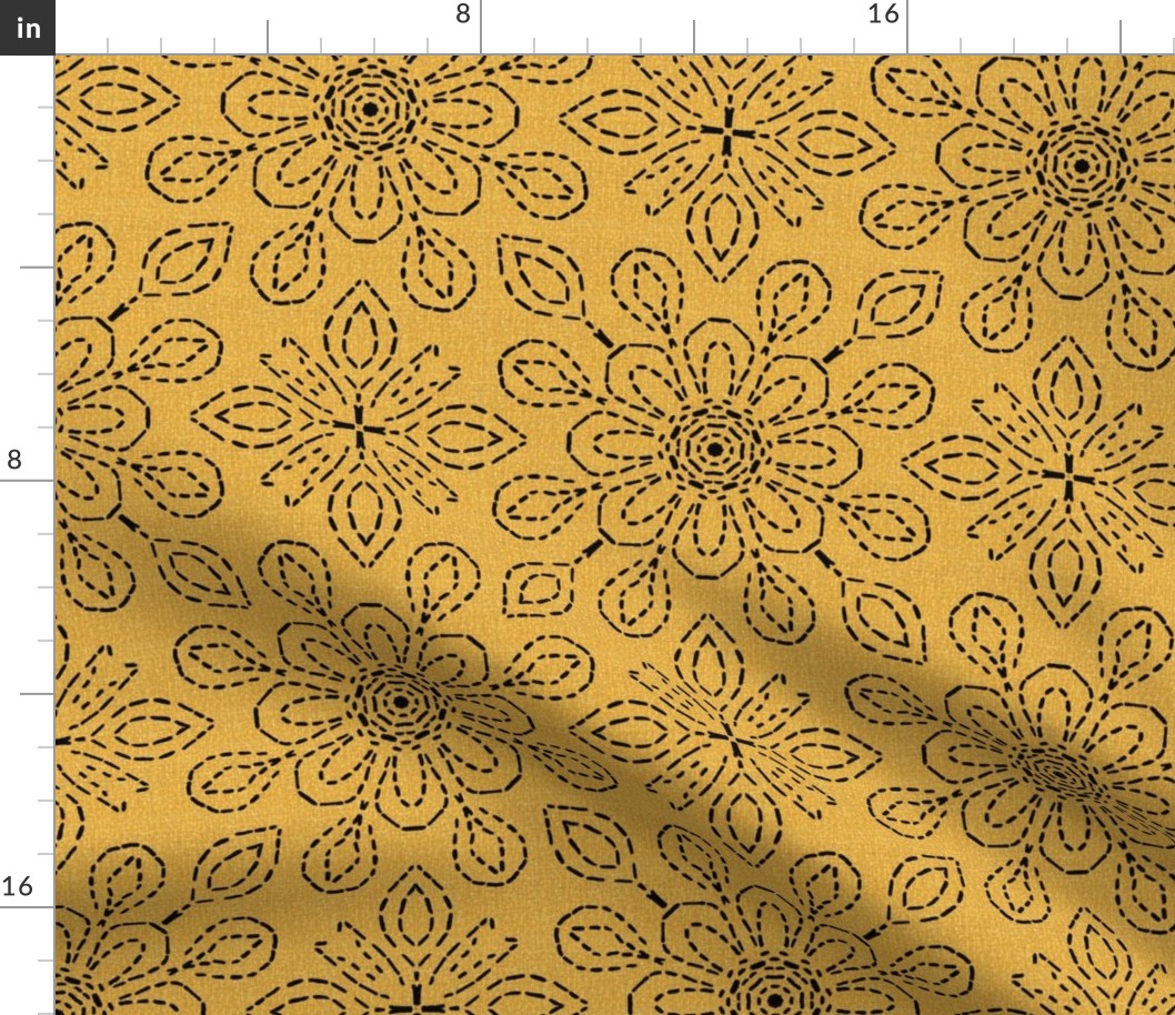 Running Stitch Look Kaleidoscope Black Posies on Golden Orange Linen Look