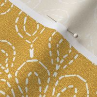 Running Stitch Look Kaleidoscope White Posies on Golden Orange Linen Look