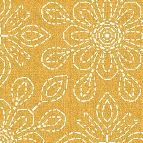 Running Stitch Look Kaleidoscope White Posies on Golden Orange Linen Look