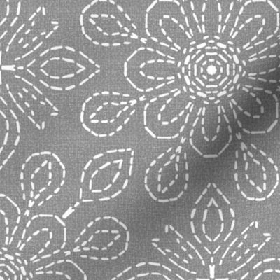 Running Stitch Look Kaleidoscope White Posies on Gray Linen Look