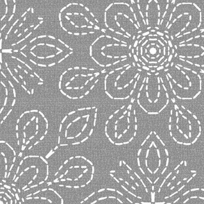 Running Stitch Look Kaleidoscope White Posies on Gray Linen Look