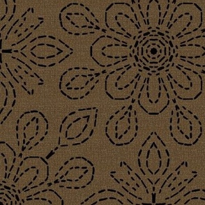 Running Stitch Look Kaleidoscope Black Posies on Brown Linen Look