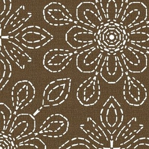 Running Stitch Look Kaleidoscope White Posies on Brown Linen Look