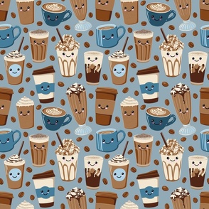 Happy Kawaii Coffee Cups - on blue - Small Scale