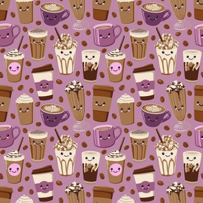 Happy Kawaii Coffee Cups - on purple - Small Scale